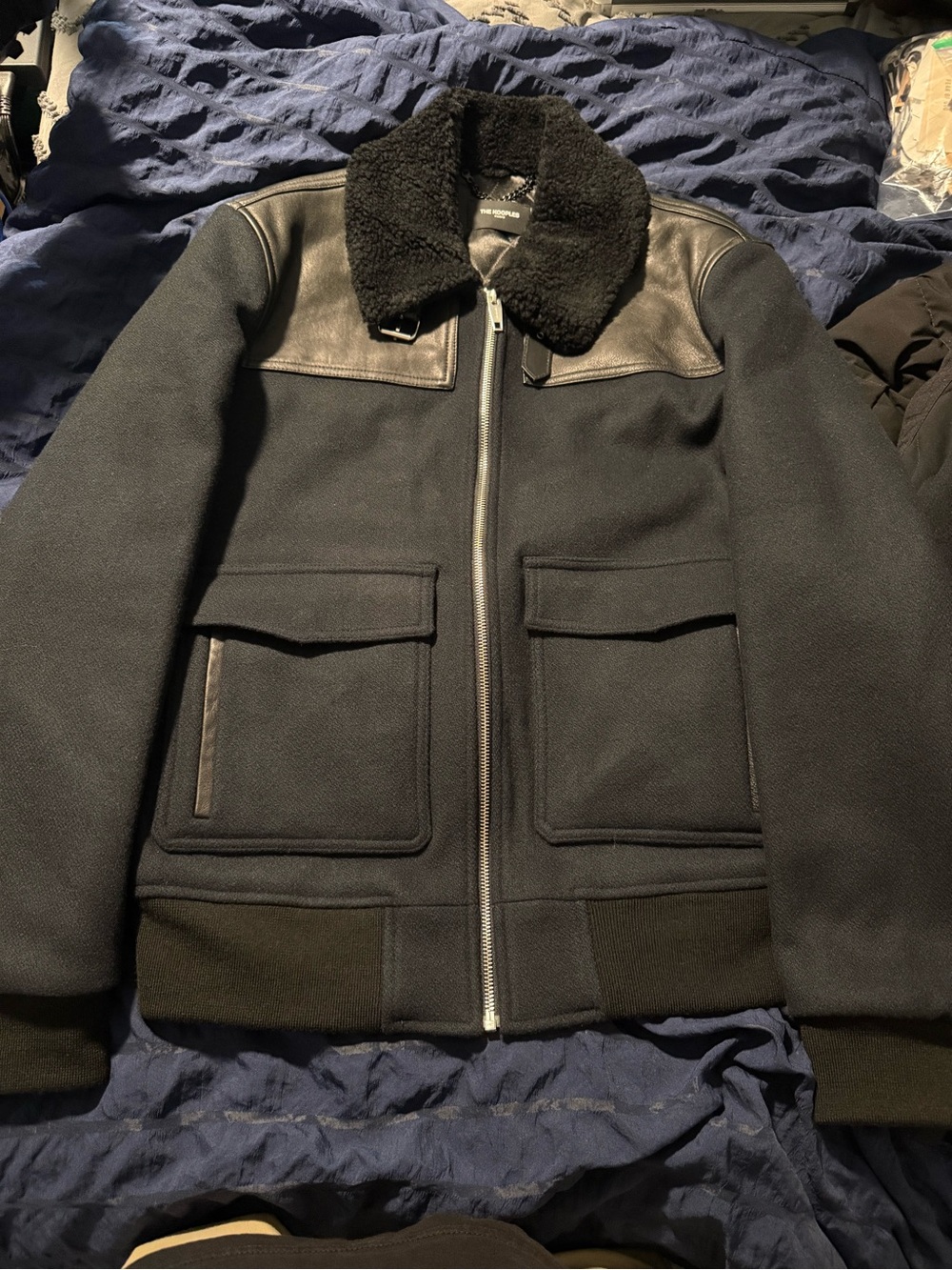 The Kooples Men's Black Bomber Jacket with Sherpa Collar and Leather Yoke